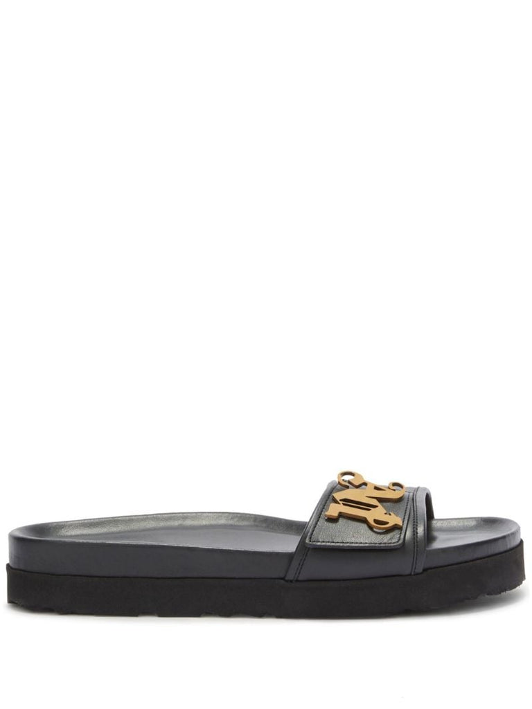 Black Monogram Plaque Leather Slides