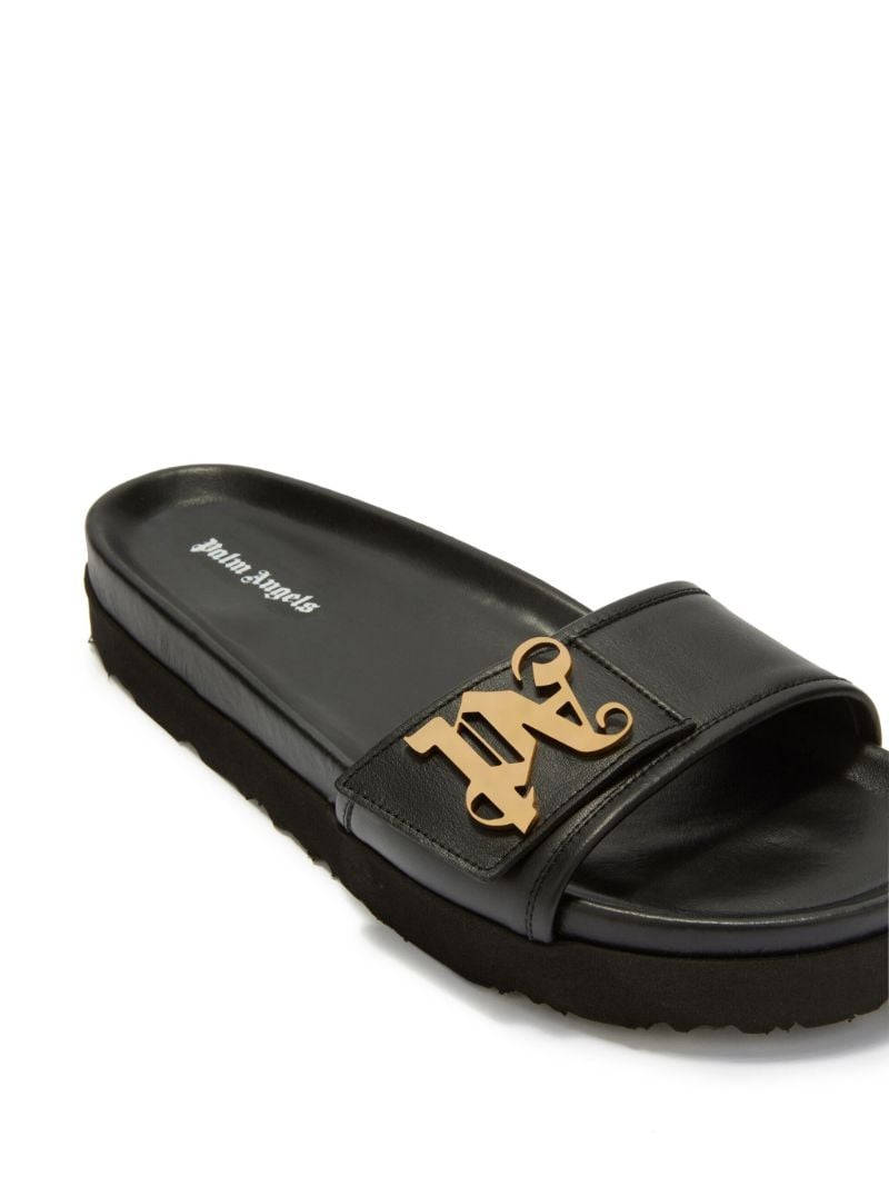 Black Monogram Plaque Leather Slides