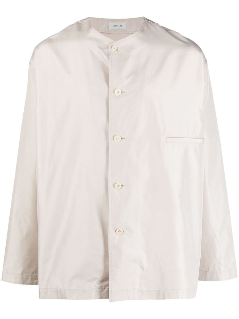 Neutral Collarless Silk Shirt