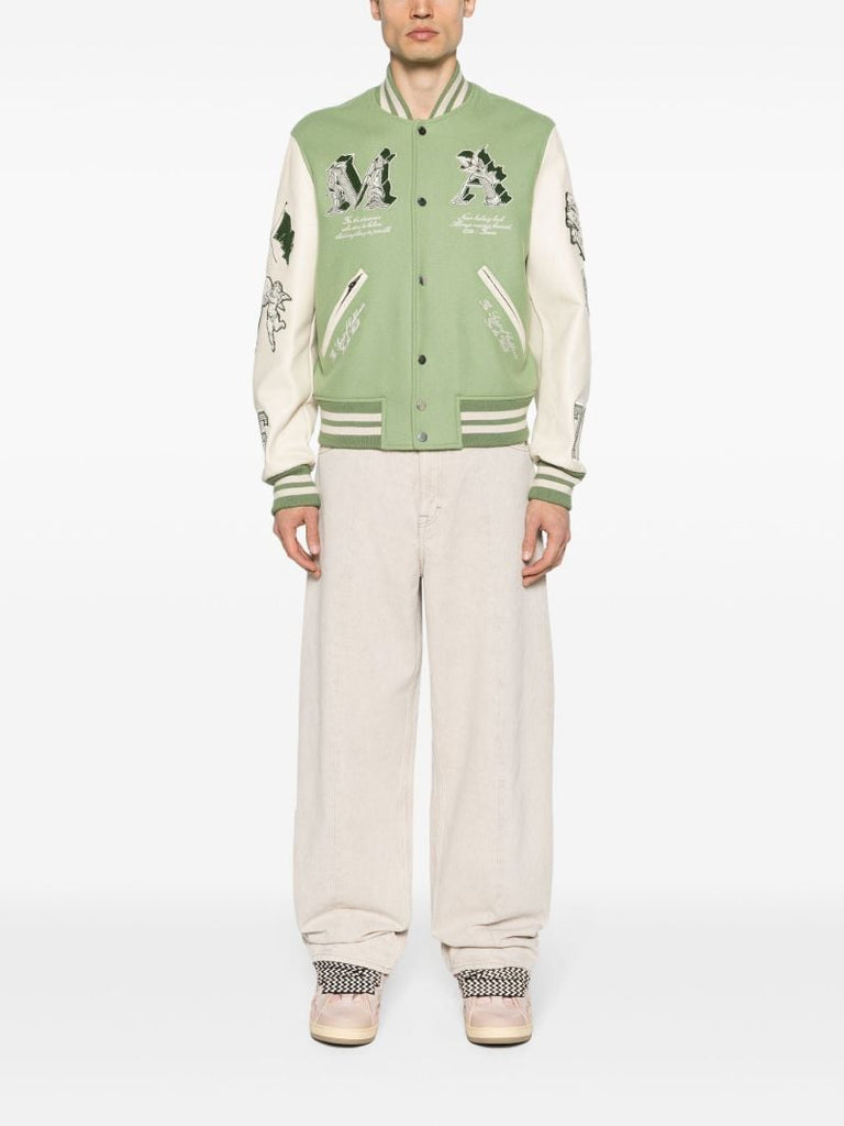 White and Green Multiple Patches Bomber Jacket
