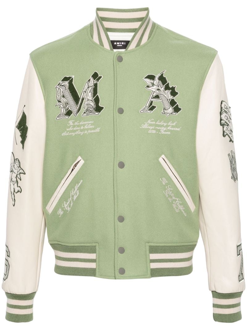 White and Green Multiple Patches Bomber Jacket