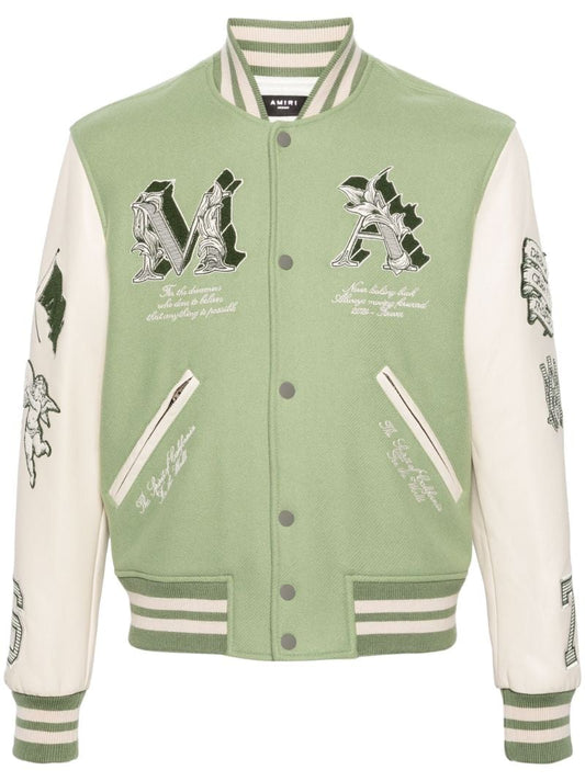 White and Green Multiple Patches Bomber Jacket