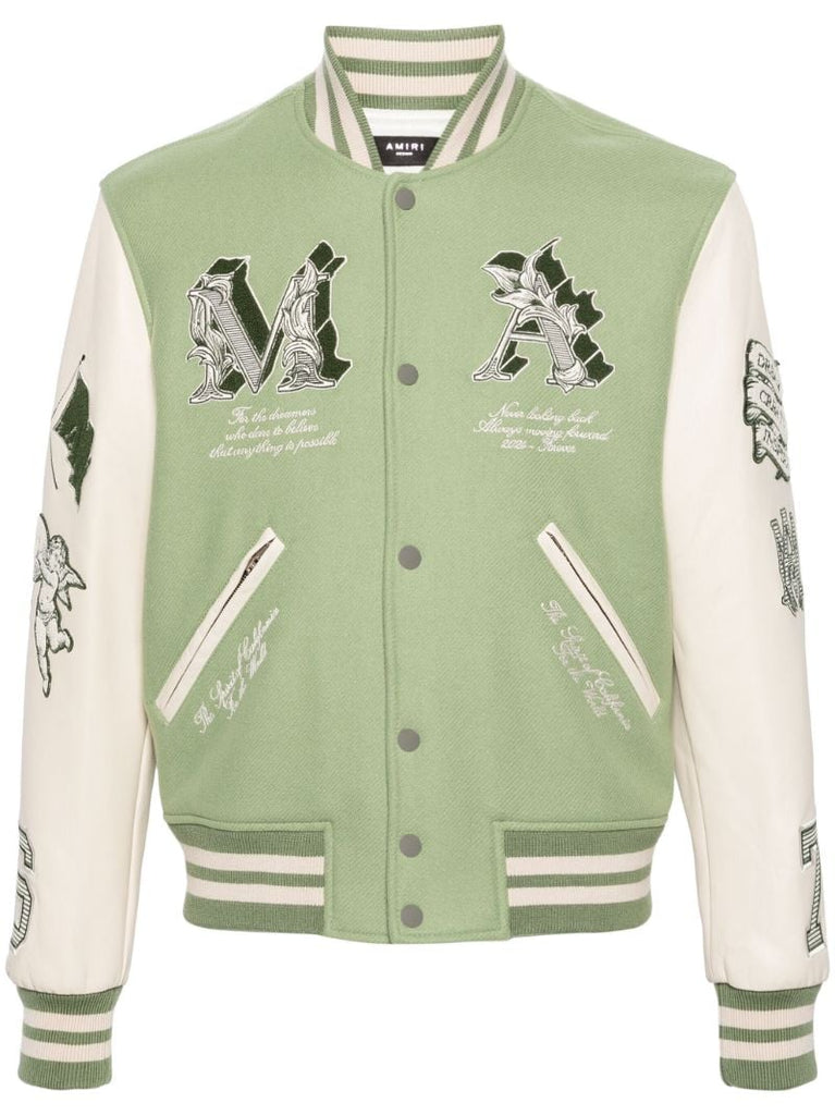 White and Green Multiple Patches Bomber Jacket