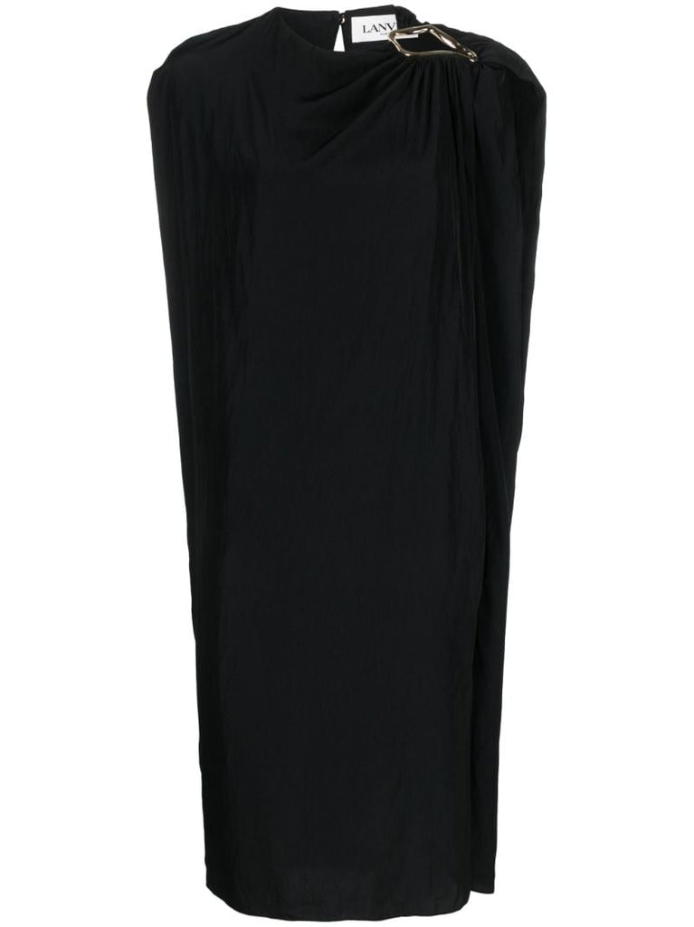 Black Eyelet Draped Midi Dress