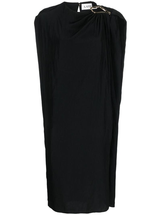 Black Eyelet Draped Midi Dress