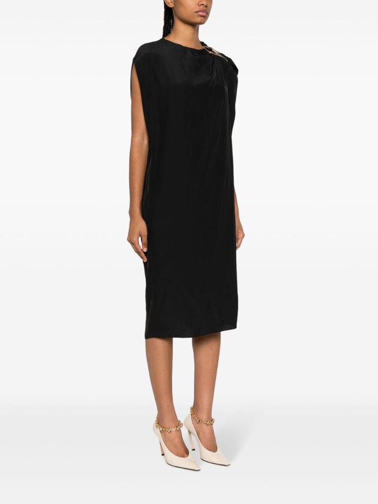 Black Eyelet Draped Midi Dress