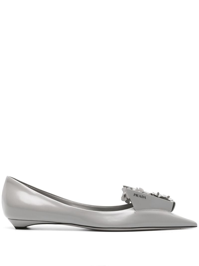 Grey Floral-appliquÃ_x0083_Â© Leather Ballet Pumps