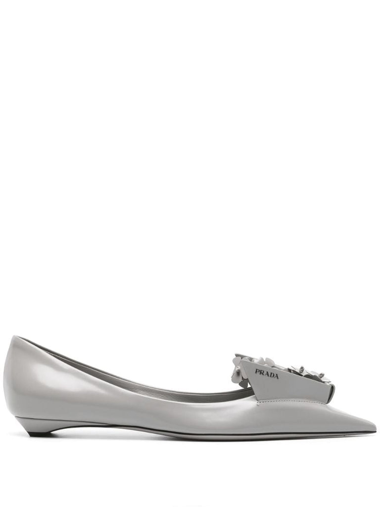 Grey Floral-appliquÃ_x0083_Â© Leather Ballet Pumps