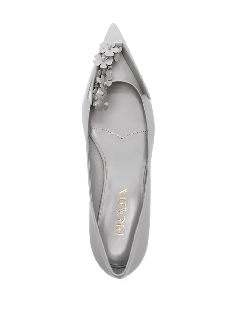 Grey Floral-appliquÃ_x0083_Â© Leather Ballet Pumps