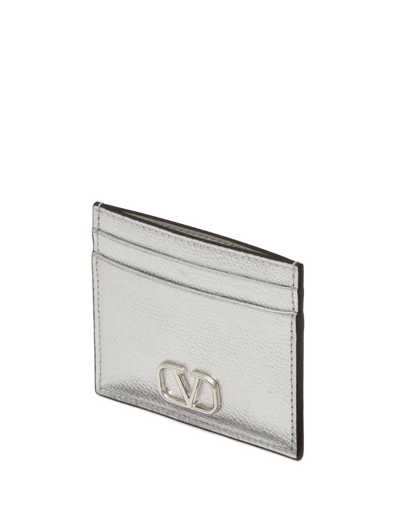 Silver Vlogo Signature Leather Card Holder