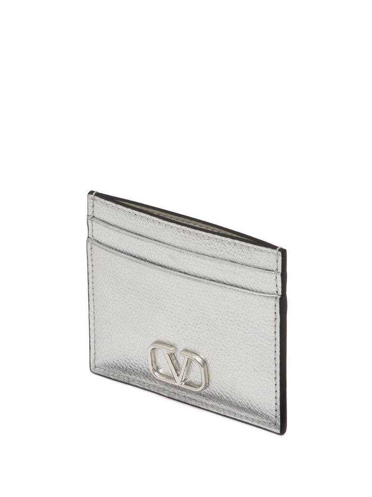 Silver Vlogo Signature Leather Card Holder