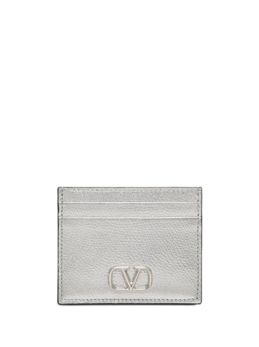 Silver Vlogo Signature Leather Card Holder