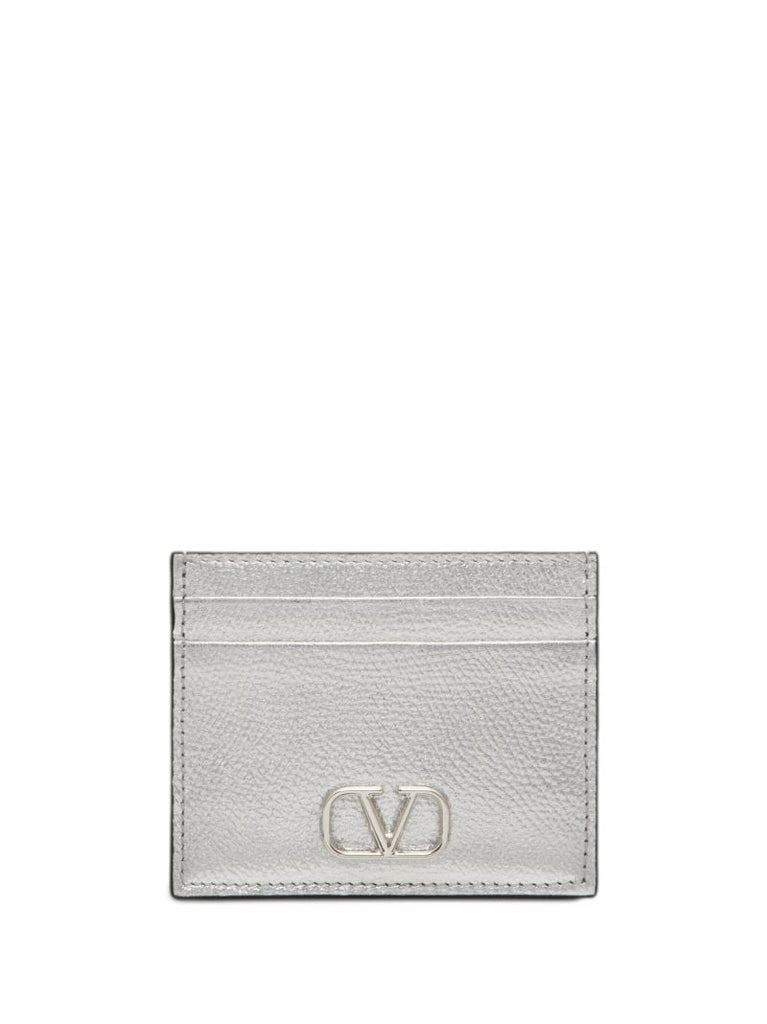 Silver Vlogo Signature Leather Card Holder