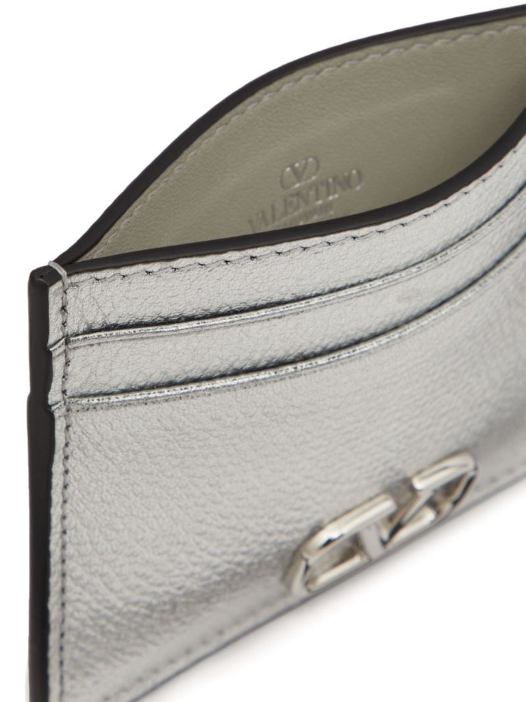 Silver Vlogo Signature Leather Card Holder