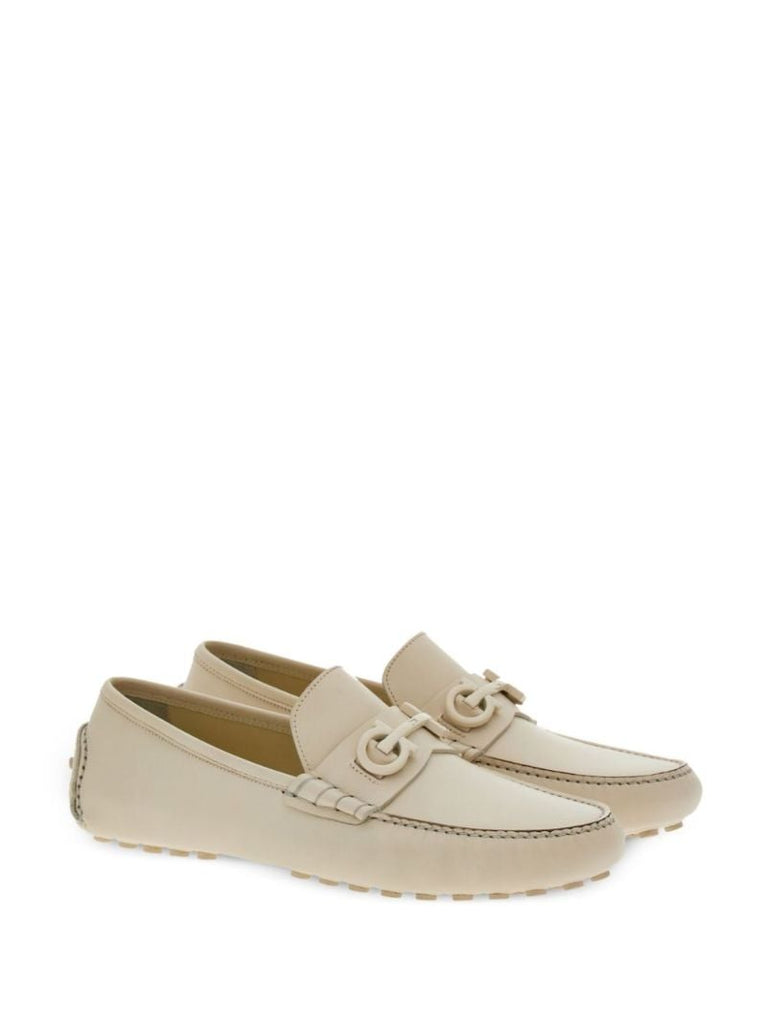 Neutral Gancini-plaque Leather Loafers