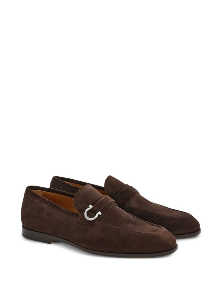 Brown Gancini-buckle Leather Loafers