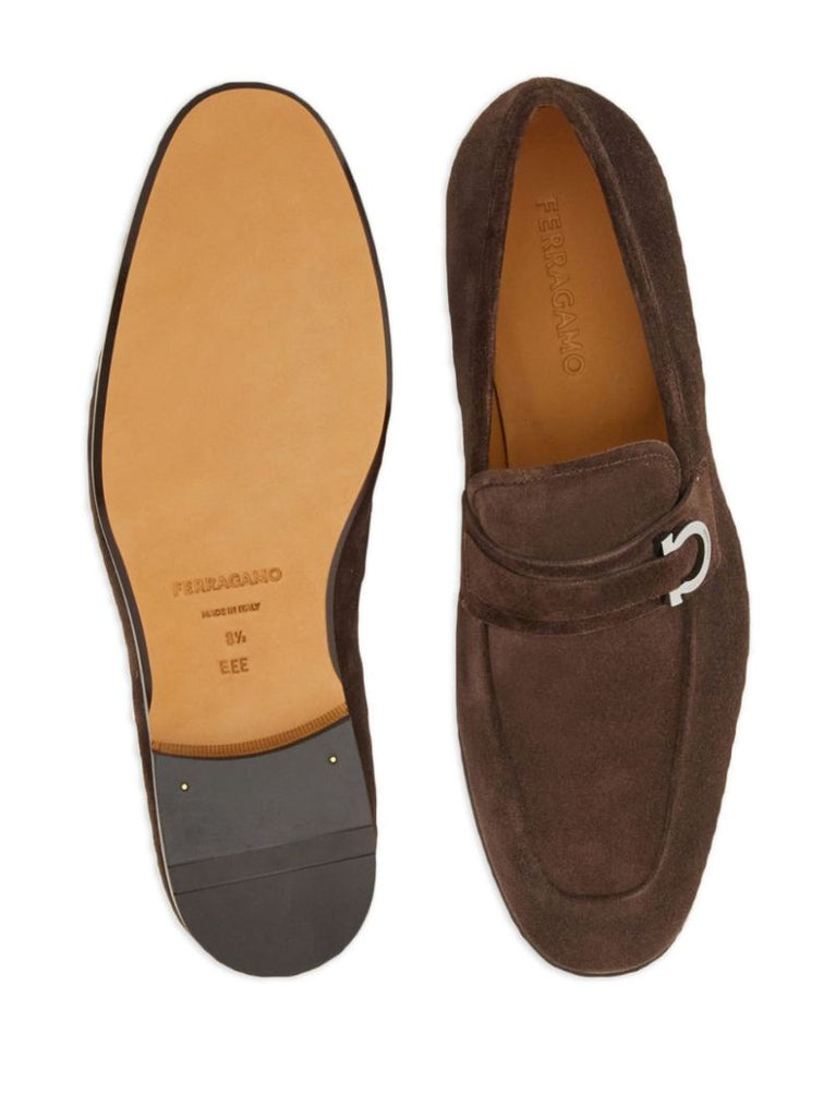Brown Gancini-buckle Leather Loafers