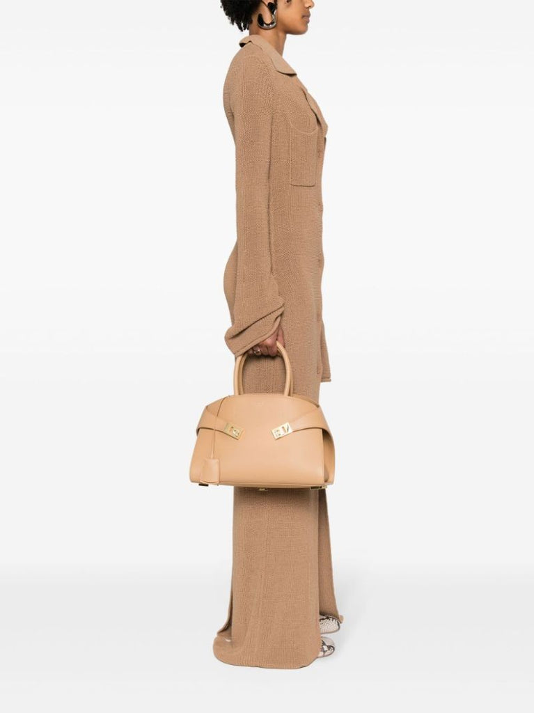 Beige Small Hug Leather Tote Bag