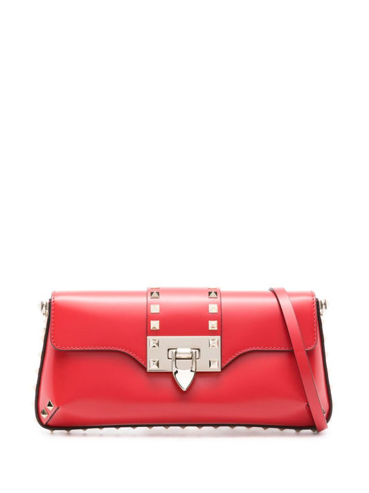 Red Rockstud Leather Shoulder Bag