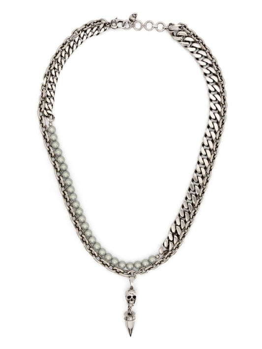 Silver-tone Skull Pearl-embellished Necklace