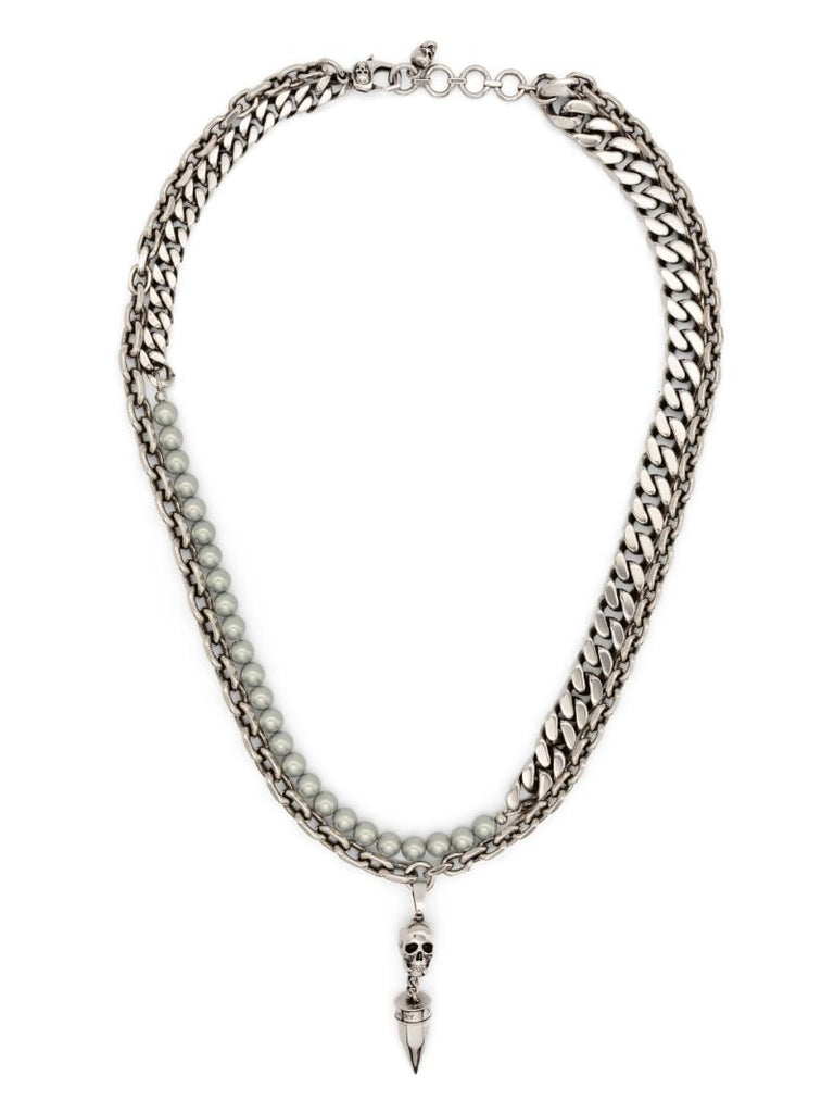 Silver-tone Skull Pearl-embellished Necklace