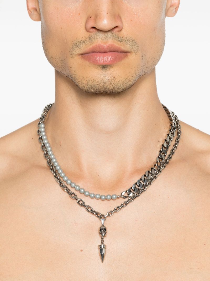 Silver-tone Skull Pearl-embellished Necklace