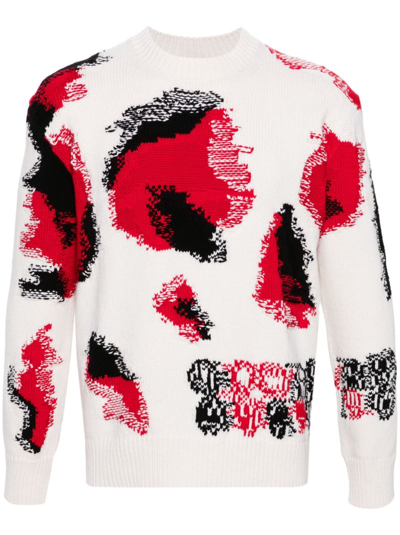 White Obscured Skull Intarsia-knit Sweater