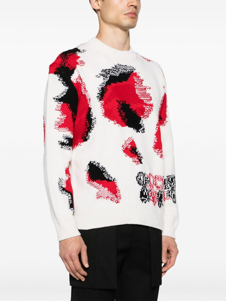 White Obscured Skull Intarsia-knit Sweater
