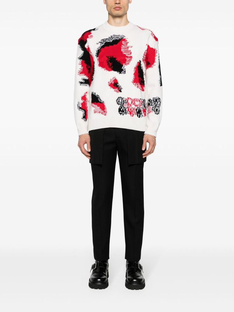White Obscured Skull Intarsia-knit Sweater