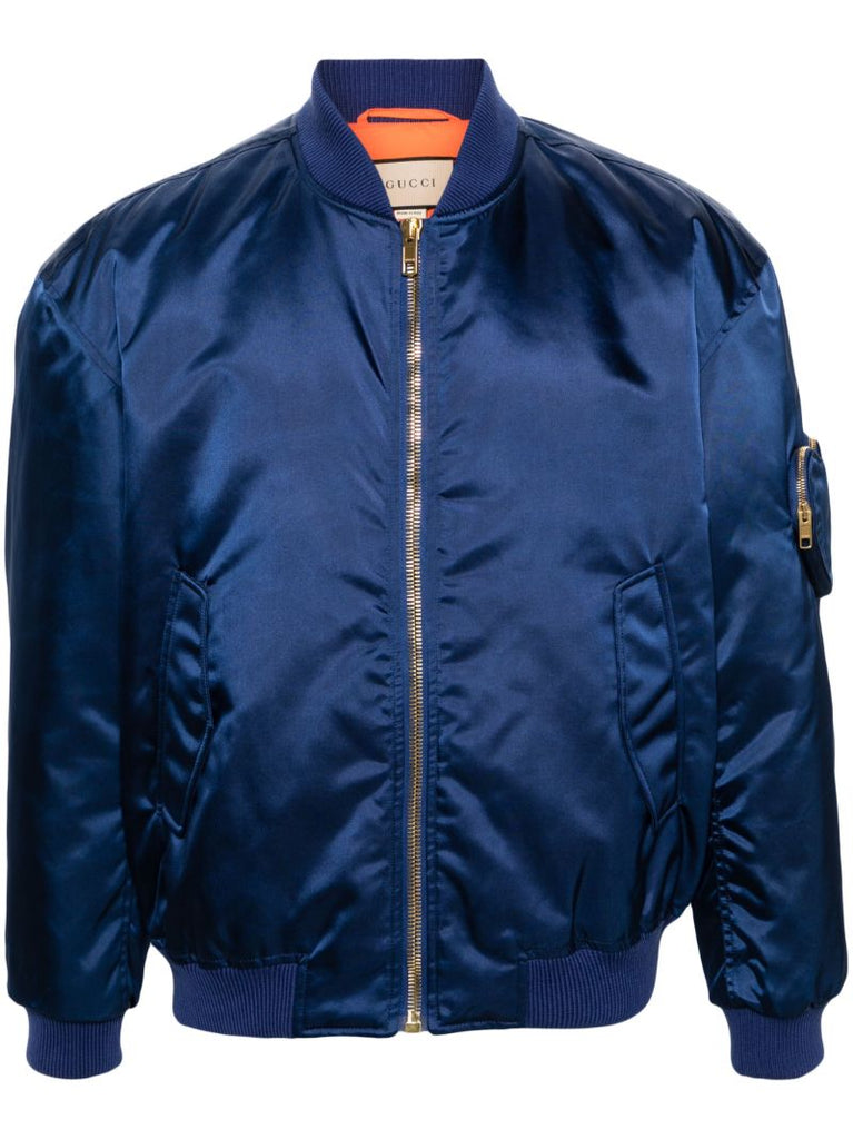 Blue AppliquÃ_x0083_Â©d Satin Bomber Jacket