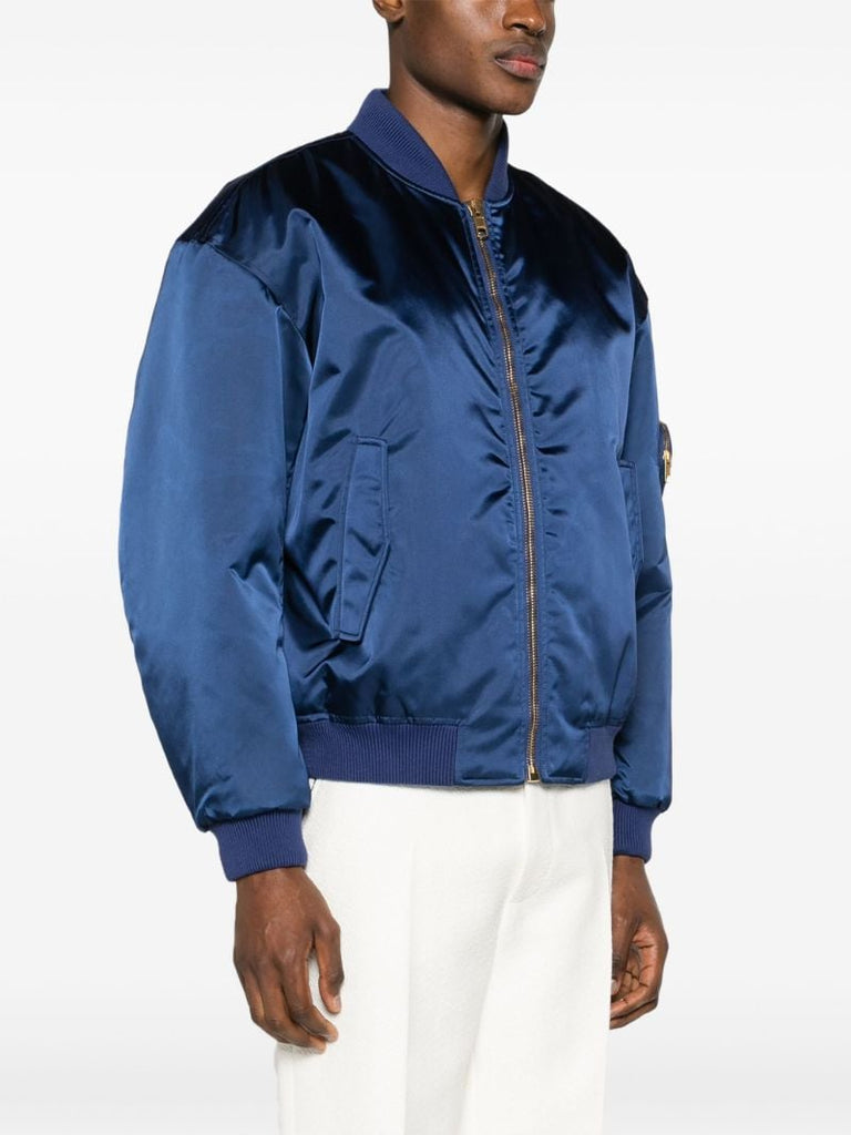 Blue AppliquÃ_x0083_Â©d Satin Bomber Jacket