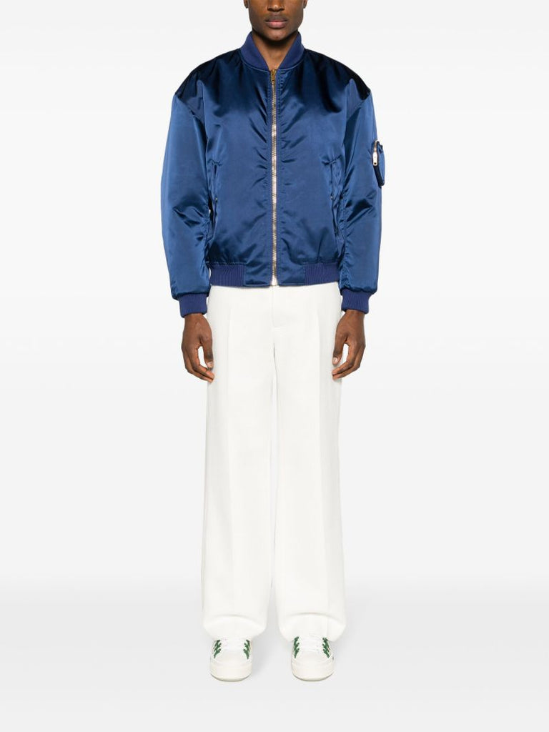 Blue AppliquÃ_x0083_Â©d Satin Bomber Jacket