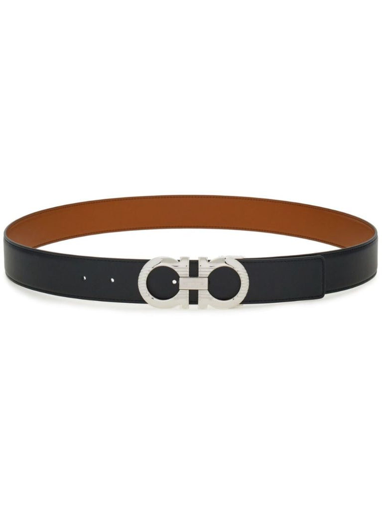 Black Gancini-buckle Reversible Leather Belt