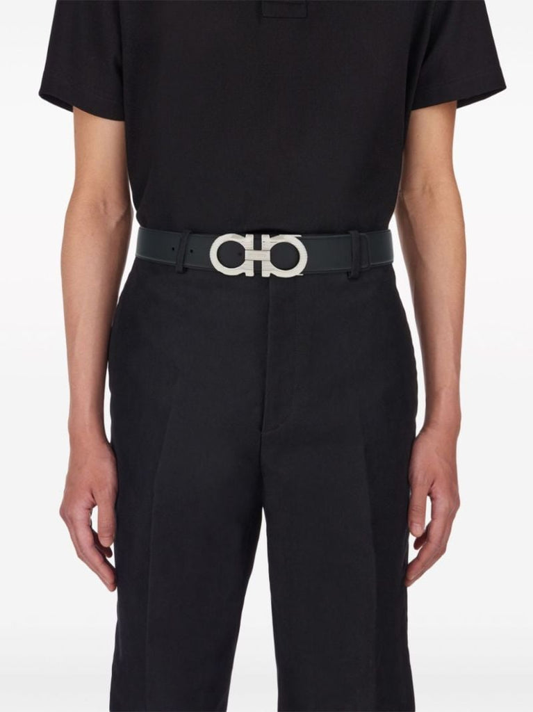 Black Gancini-buckle Reversible Leather Belt