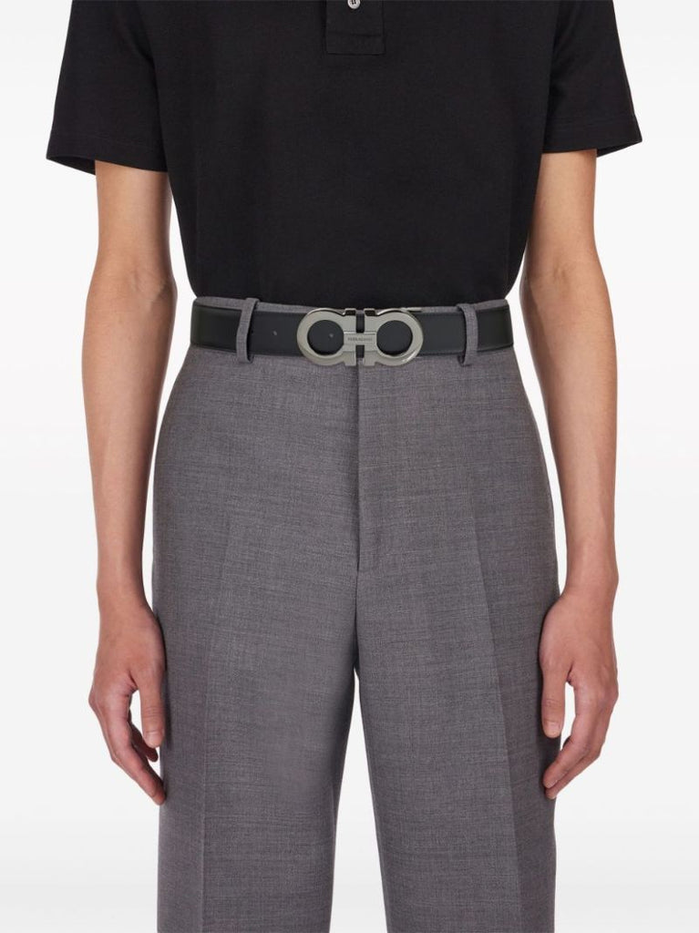 Black Gancini-buckle Reversible Leather Belt