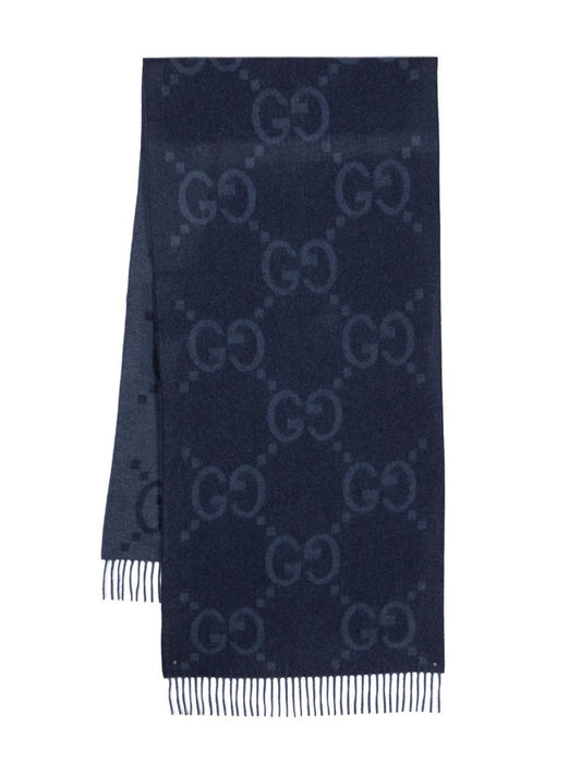 Blue Intarsia Gg-logo Cashmere Scarf