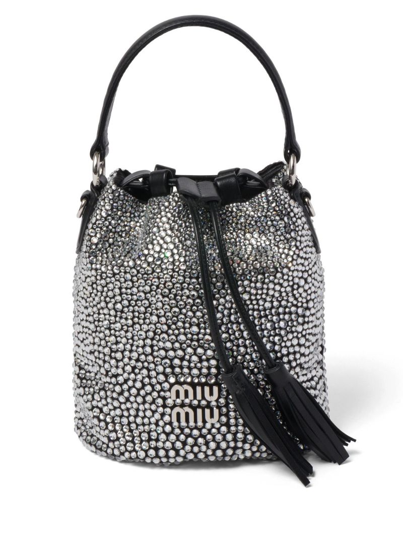 Black Crystal-embellished Satin Bucket Bag
