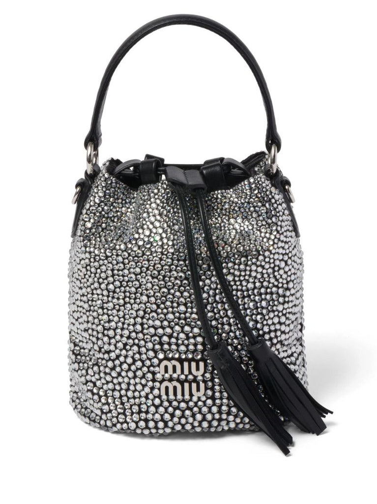 Black Crystal-embellished Satin Bucket Bag