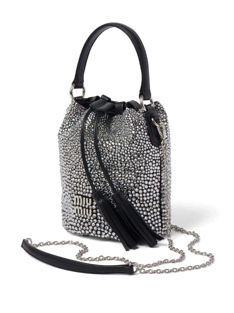 Black Crystal-embellished Satin Bucket Bag