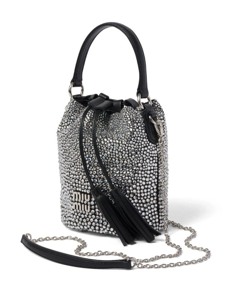 Black Crystal-embellished Satin Bucket Bag