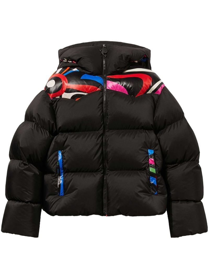 Black Marmo-print Hooded Quilted Jacket