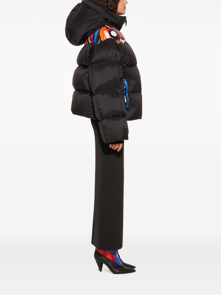 Black Marmo-print Hooded Quilted Jacket