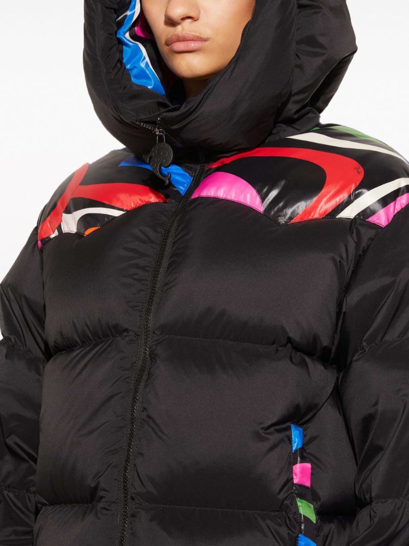 Black Marmo-print Hooded Quilted Jacket