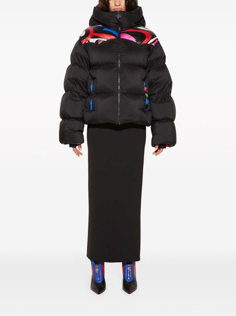 Black Marmo-print Hooded Quilted Jacket