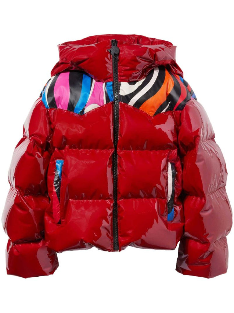 Red Marmo-print Hooded Quilted Jacket