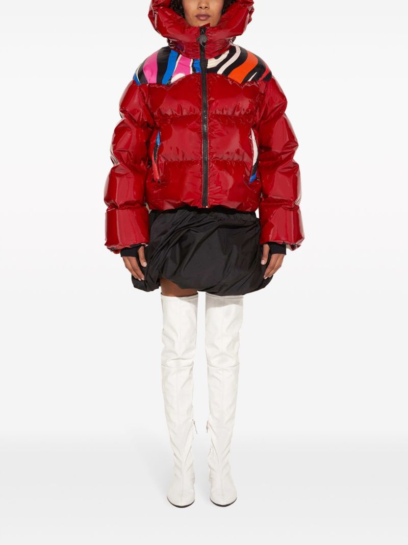 Red Marmo-print Hooded Quilted Jacket