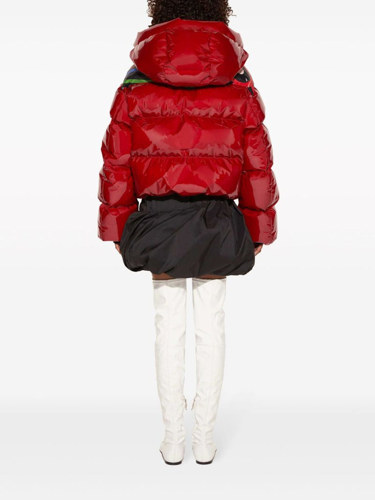 Red Marmo-print Hooded Quilted Jacket