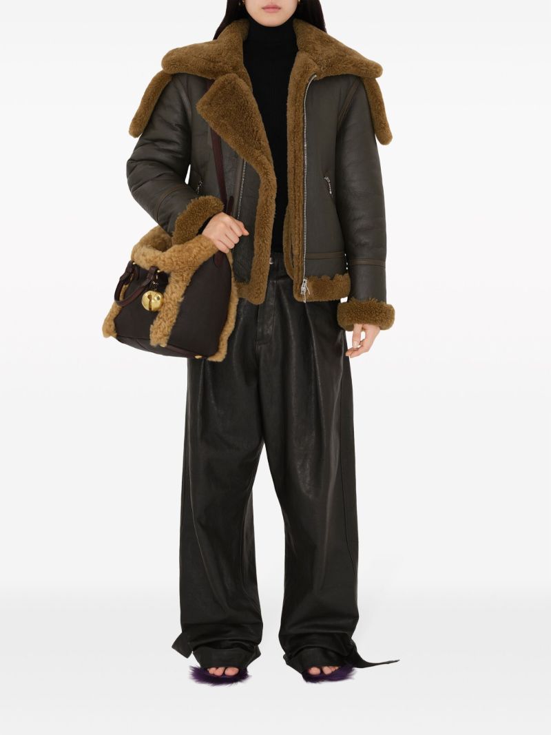 Brown Shearling-trimmed Two-way Bag