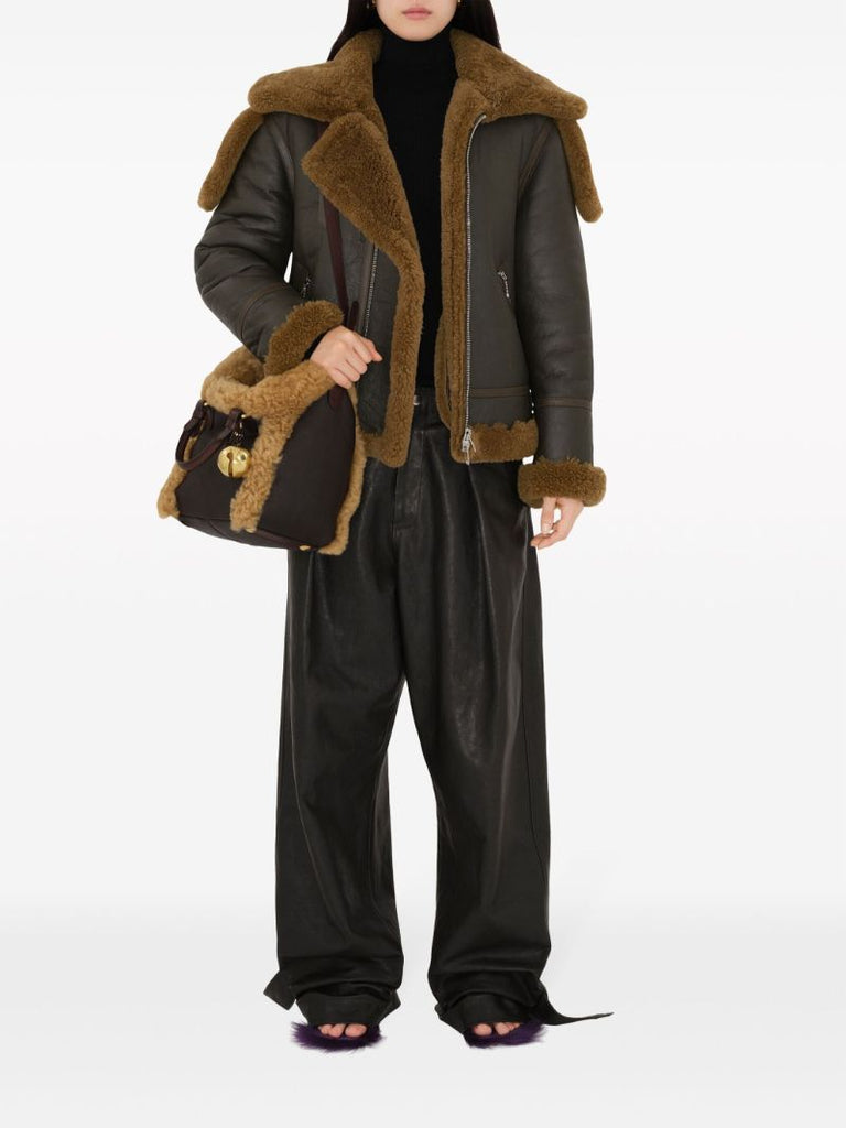 Brown Shearling-trimmed Two-way Bag
