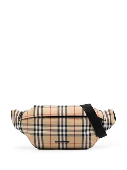 Beige Logo-patch Checked Belt Bag